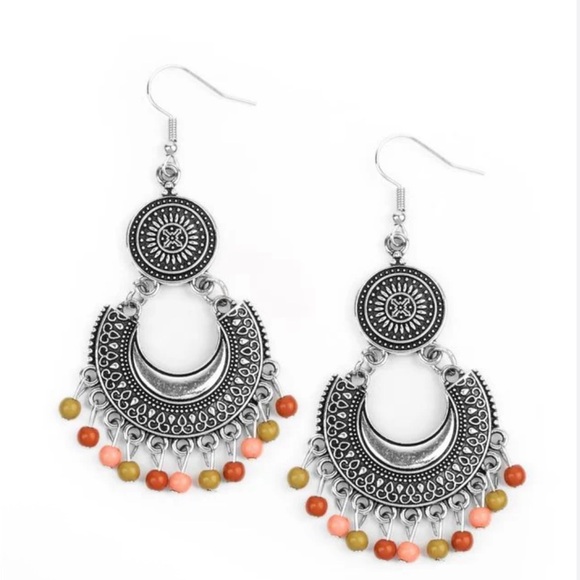 paparazzi Jewelry - Paparazzi Silver and Orange Boho Earrings